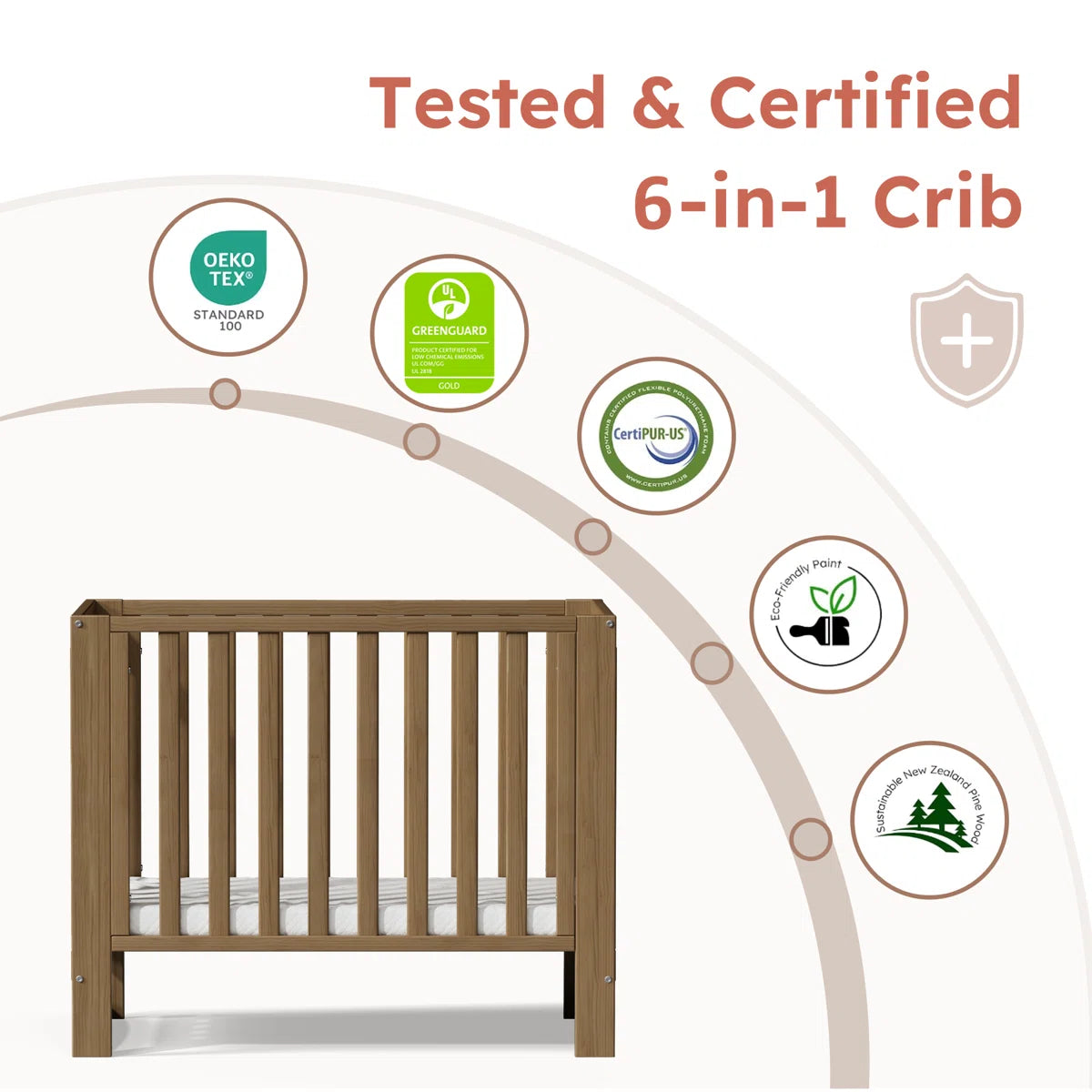 6-in-1 Greenguard Gold Certified Convertible Cradle to Mini Crib, Brown